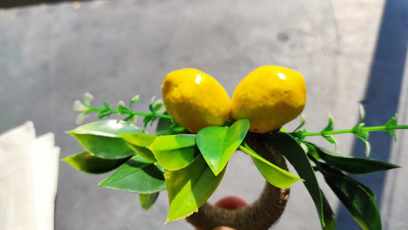 May include: A lemon-themed napkin ring with two yellow lemons and green leaves. The ring is made of brown twine.