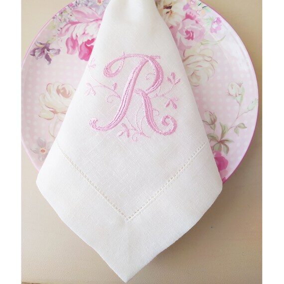 Pink Embroidered Wedding Napkins, Monogrammed Linen Napkins, Embroidered Napkin, 20"x20" Linen Napkin, Dinner Napkins, Napkins Gift Set