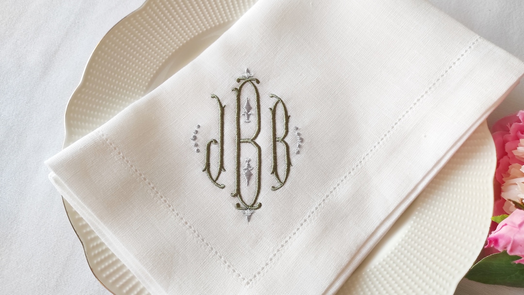 Three Initials Monogrammed Linen Napkin, Bulk Wedding Linen Napkin
