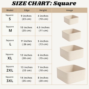 May include: A size chart for square rope baskets featuring five sizes from S to 3XL. The table lists dimensions in inches and centimeters for edge and height. The image displays five off-white, square, coiled rope baskets of increasing sizes.
