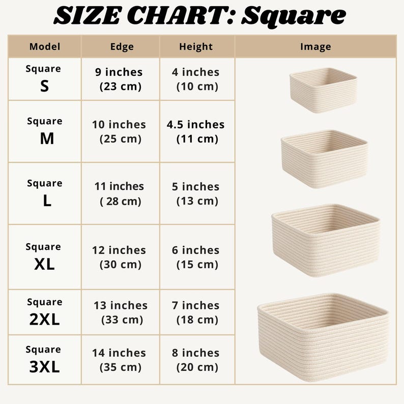 May include: A size chart for square rope baskets featuring five sizes from S to 3XL. The table lists dimensions in inches and centimeters for edge and height. The image displays five off-white, square, coiled rope baskets of increasing sizes.