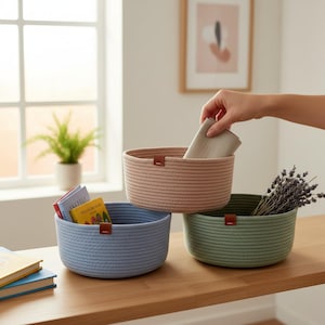 Handmade Cotton Rope Organizer Basket, Rope Storage Bowls, Cotton Cord Rope Basket, Bathroom Rope Storage Basket, Cotton Rope Baskets