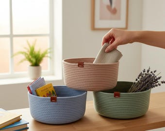 Handmade Cotton Rope Organizer Basket, Rope Storage Bowls, Cotton Cord Rope Basket, Bathroom Rope Storage Basket, Cotton Rope Baskets