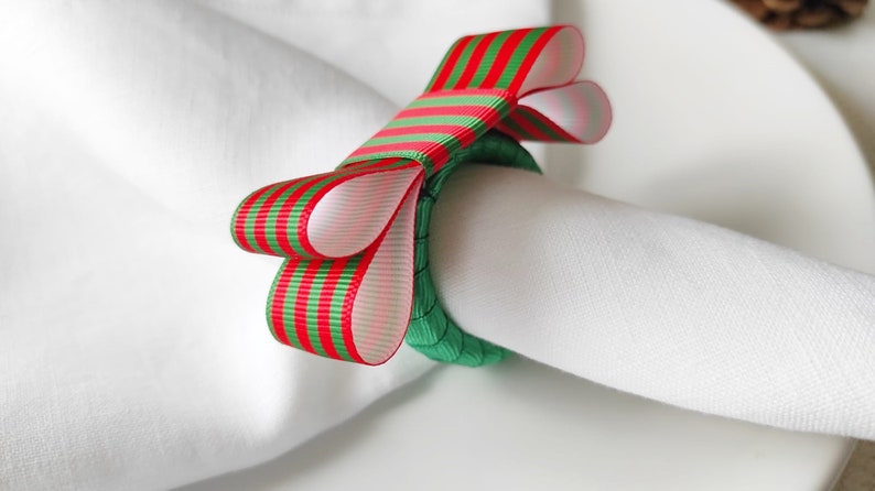 Christmas Napkin Ring, Red Green Striped Napkin Ring, Xmas napkin Ring, Christmas Table Decor, Christmas Gift, Wedding Table Decor image 1