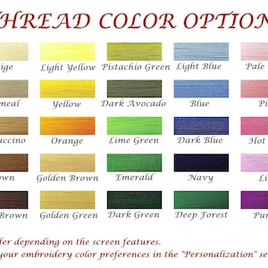 May include: A chart showing 36 different thread colors for embroidery. The colors are arranged in rows and columns, with each color labeled with its name. The colors include white, beige, light yellow, pistachio green, light blue, pale pink, scarlet, ecru, oatmeal, yellow, dark avocado, blue, pink, red, grey, cappuccino, orange, lime green, dark blue, hot pink, deep red, smoke, brown, golden brown, emerald, navy, lilac, damson, black, dark brown, golden green, dark green, deep forest, purple, and burgundy.