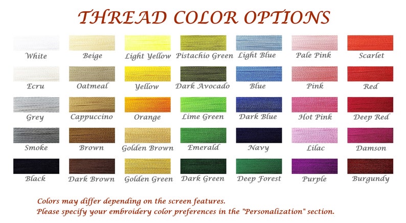 May include: A chart showing 36 different thread colors for embroidery. The colors are arranged in rows and columns, with each color labeled with its name. The colors include white, beige, light yellow, pistachio green, light blue, pale pink, scarlet, ecru, oatmeal, yellow, dark avocado, blue, pink, red, grey, cappuccino, orange, lime green, dark blue, hot pink, deep red, smoke, brown, golden brown, emerald, navy, lilac, damson, black, dark brown, golden green, dark green, deep forest, purple, and burgundy.