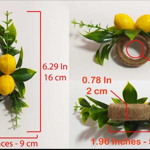 Pu&ograve; includere: Portatovaglioli decorativi con limoni e foglie. Gli anelli sono fatti di spago e decorati con limoni gialli e foglie verdi. I portatovaglioli hanno un diametro di 3,2 cm e sono larghi 5 cm. La composizione di limoni e foglie &egrave; lunga 16 cm.