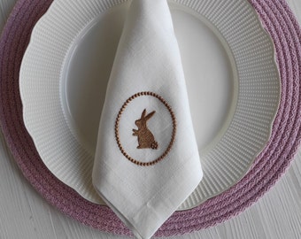 Easter Bunny Linen Napkin, Easter Cute Rabbit Embroidered Napkins, Easter Linen Napkins, Happy Easter Embroidered Napkins