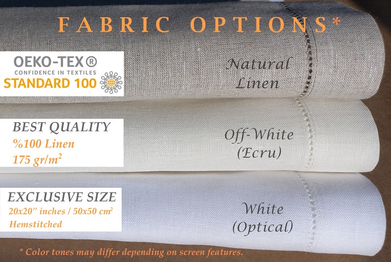 May include: Close-up of three fabric swatches in natural linen, off-white (ecru), and white (optical). The fabric is 100% linen and has a hemstitched edge. The fabric is 20x20 inches or 50x50 cm. The fabric is Oeko-Tex Standard 100 certified.