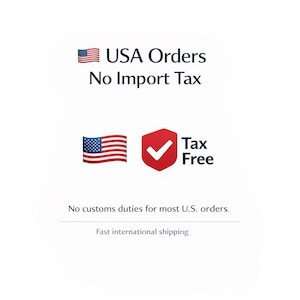 May include: A graphic featuring a small American flag icon next to the text USA Orders No Import Tax. Below, a larger American flag icon sits beside a red shield icon with a white checkmark and the text Tax Free. Text below reads No customs duties for most U.S. orders and Fast international shipping.