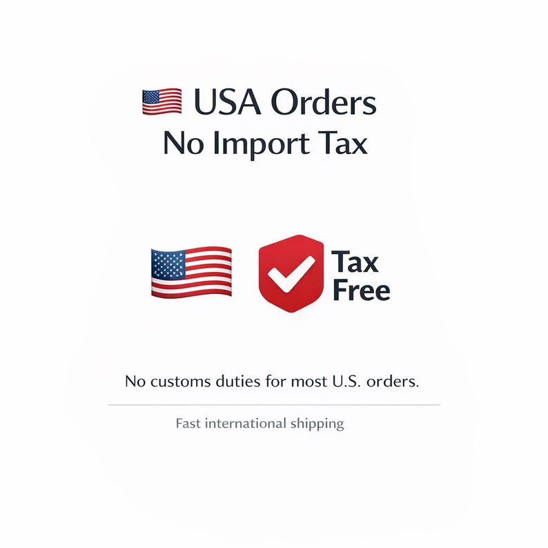 May include: A graphic featuring a small American flag icon next to the text USA Orders No Import Tax. Below, a larger American flag icon sits beside a red shield icon with a white checkmark and the text Tax Free. Text below reads No customs duties for most U.S. orders and Fast international shipping.