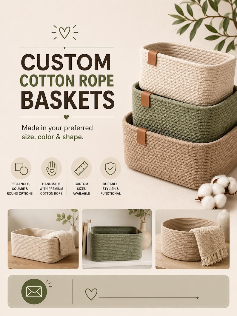 May include: Three stacked cotton rope baskets in cream, sage green, and tan, each featuring a small brown leather-like tab. The text reads CUSTOM COTTON ROPE BASKETS, Made in your preferred size, color & shape, along with icons and descriptive labels.