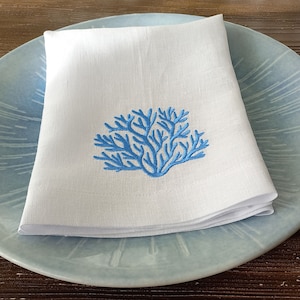 Coral Embroidered Linen Napkin, Nautical Trend Napkins, Summer Table Consept, Wedding Napkins, Yacht Decor Napkins Set, Ocean Themed Napkin