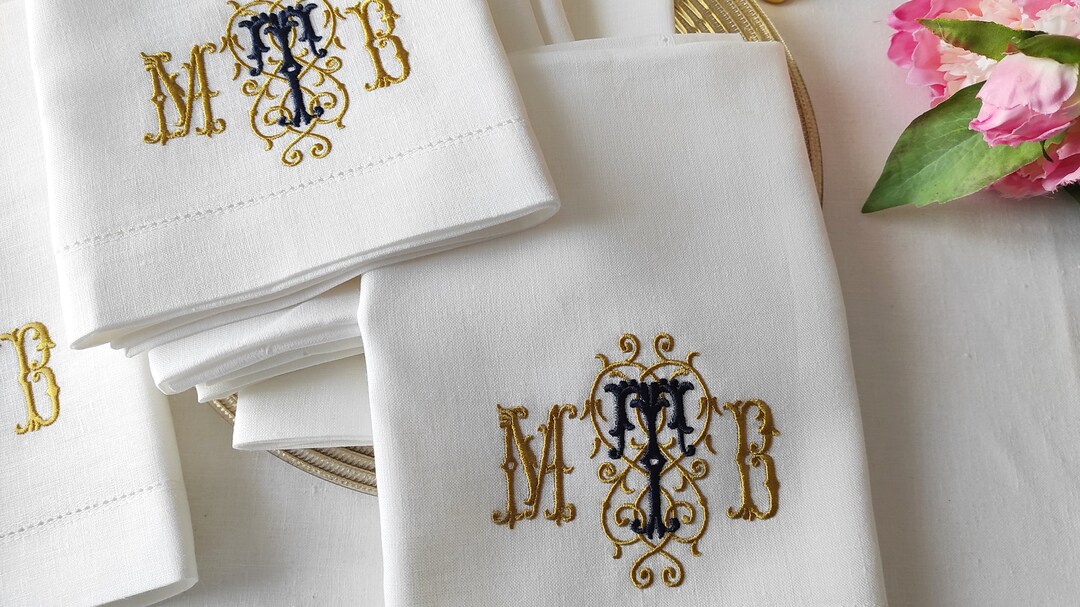 Personalized Linen Hemstitched Dinner Napkins, Monogrammed Linen Napkin