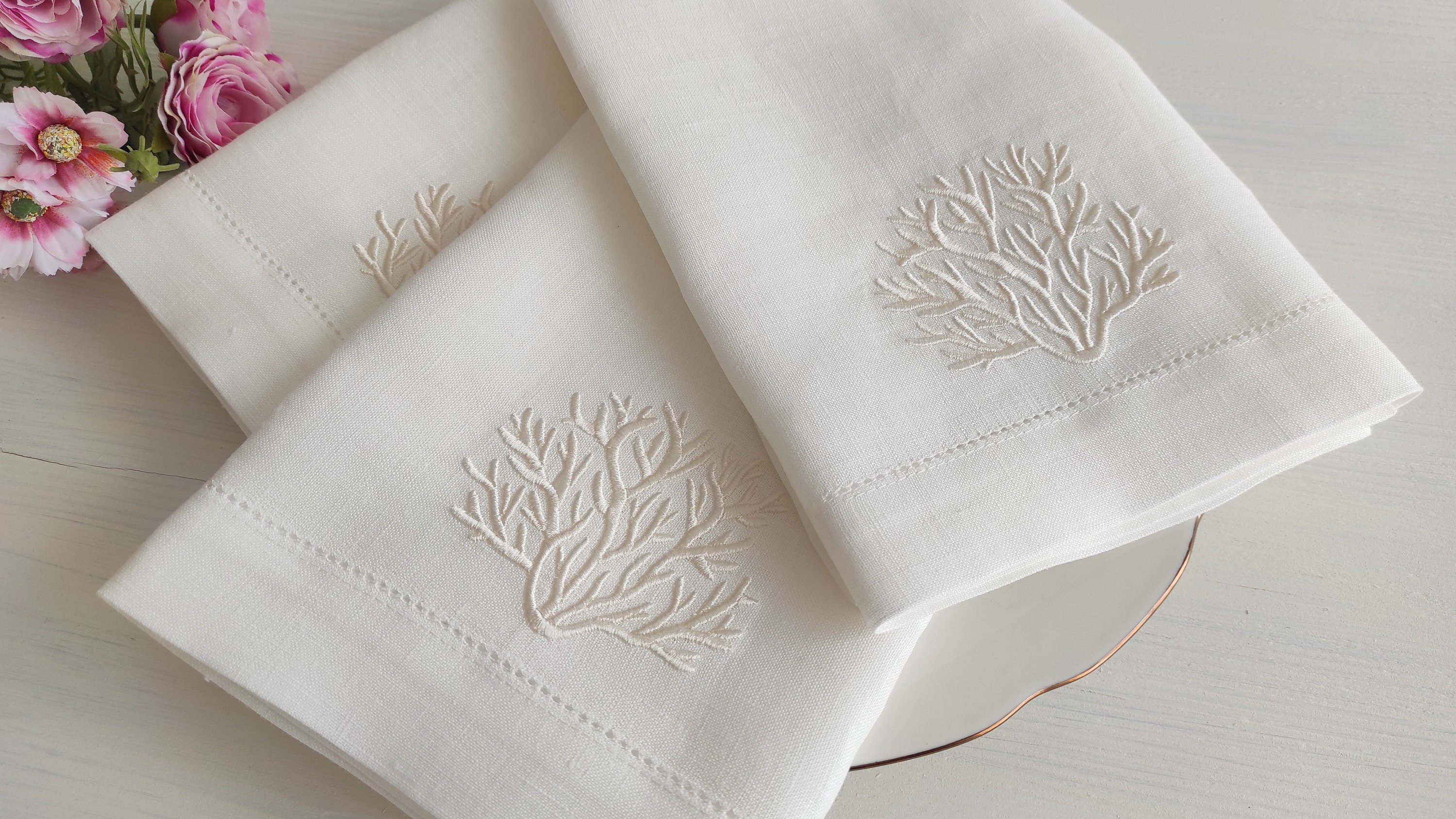 Embroidery Blanks - Set of 4 - 19 Hemstitched Linen/Cotton Table Napkins,  White