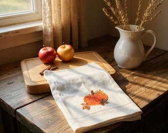 Linnen servetten voor Thanksgiving, linnen servetten met geborduurde pompoen voor Thanksgiving, geborduurde herfstservetten met pompoen, linnen servetten als cadeau voor de herfst