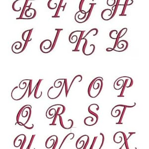 May include: A set of 26 cursive alphabet letters in a pink color. The letters are stylized with a flourish at the end of each letter.