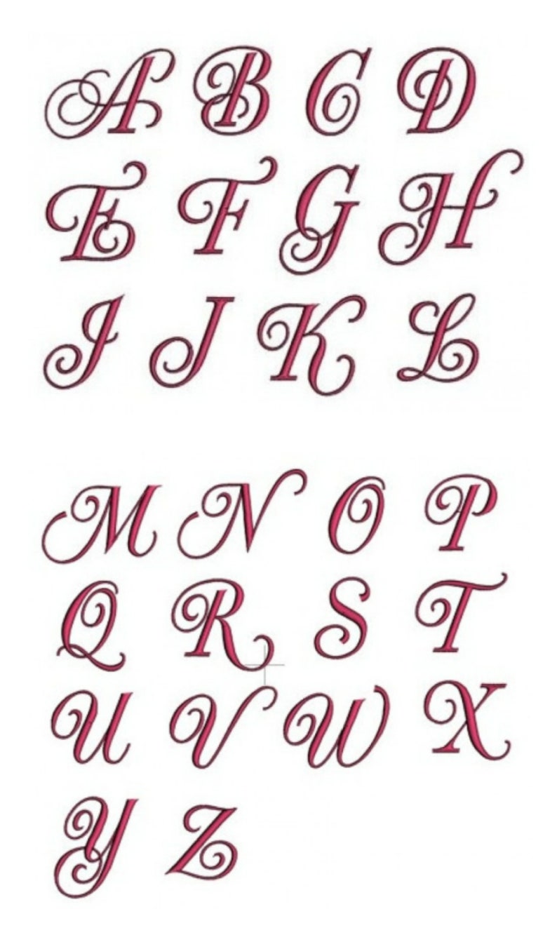 May include: A set of 26 cursive alphabet letters in a pink color. The letters are stylized with a flourish at the end of each letter.
