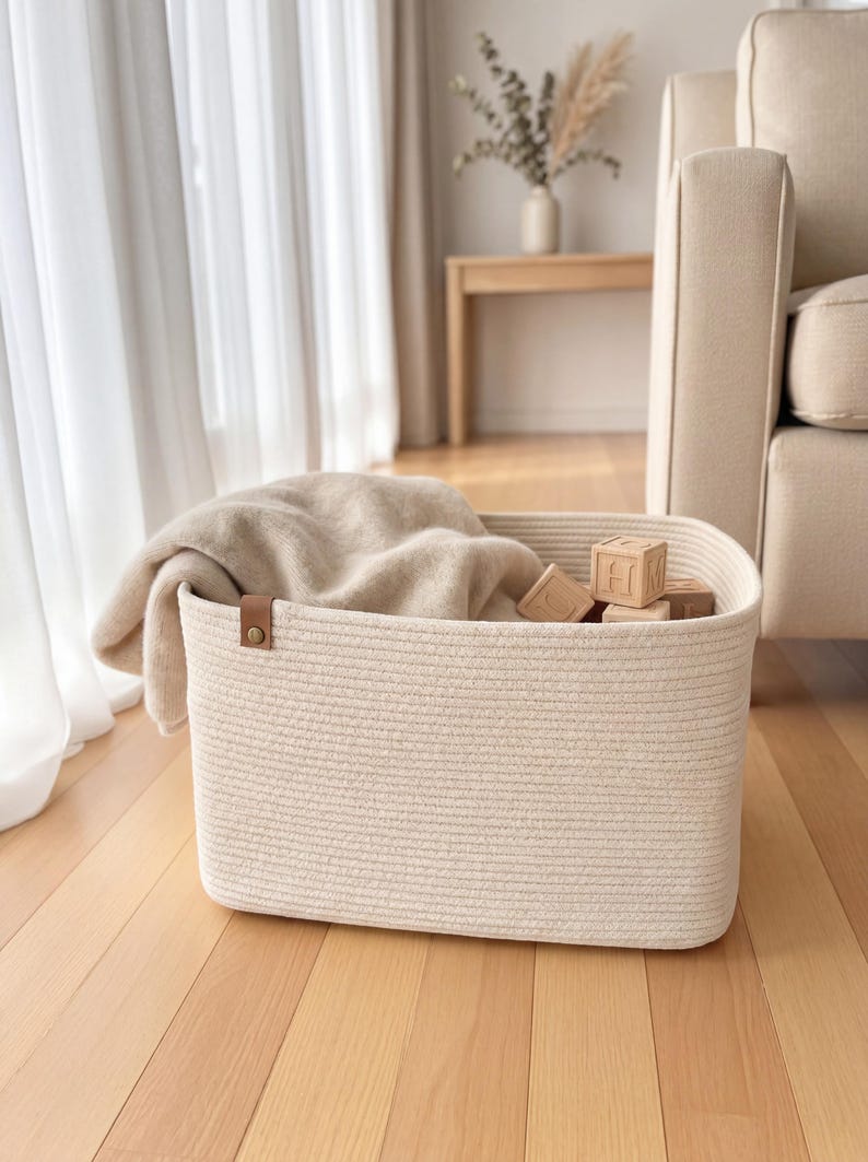 May include: A rectangular off-white woven cotton rope storage basket with a single brown leather side handle secured by a brass rivet. The basket contains a folded beige knit blanket and several light-colored wooden alphabet blocks.