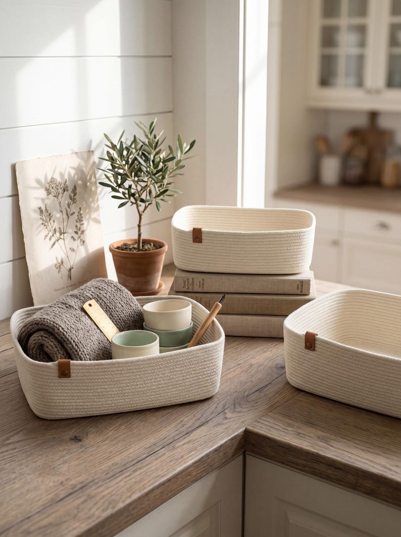 May include: Three rectangular off-white woven rope storage baskets with brown faux leather tabs. One basket contains a folded gray knit textile, a small gold metal ruler, and two small ceramic bowls. The baskets feature a thick, coiled rope texture.