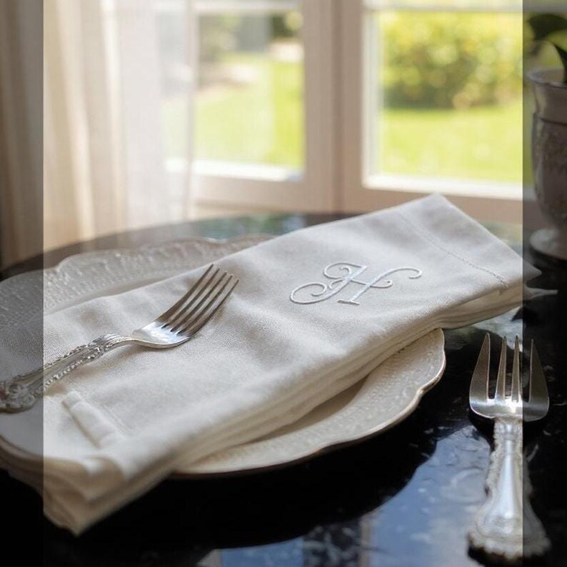 White Monogrammed Linen Napkins, Custom Napkin, Linen Wedding Napkins, Personalized Embroidered Napkins, Custom Napkin for Housewarming Gift image 6