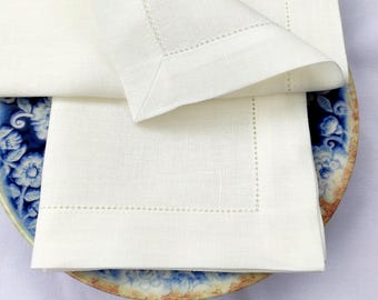 Servilletas de lino con vainica, servilletas de lino natural, servilletas de lino crudo, servilletas de lino blanco óptico, servilletas de lino de 50 cm, servilletas para la cena, set de regalo de servilletas