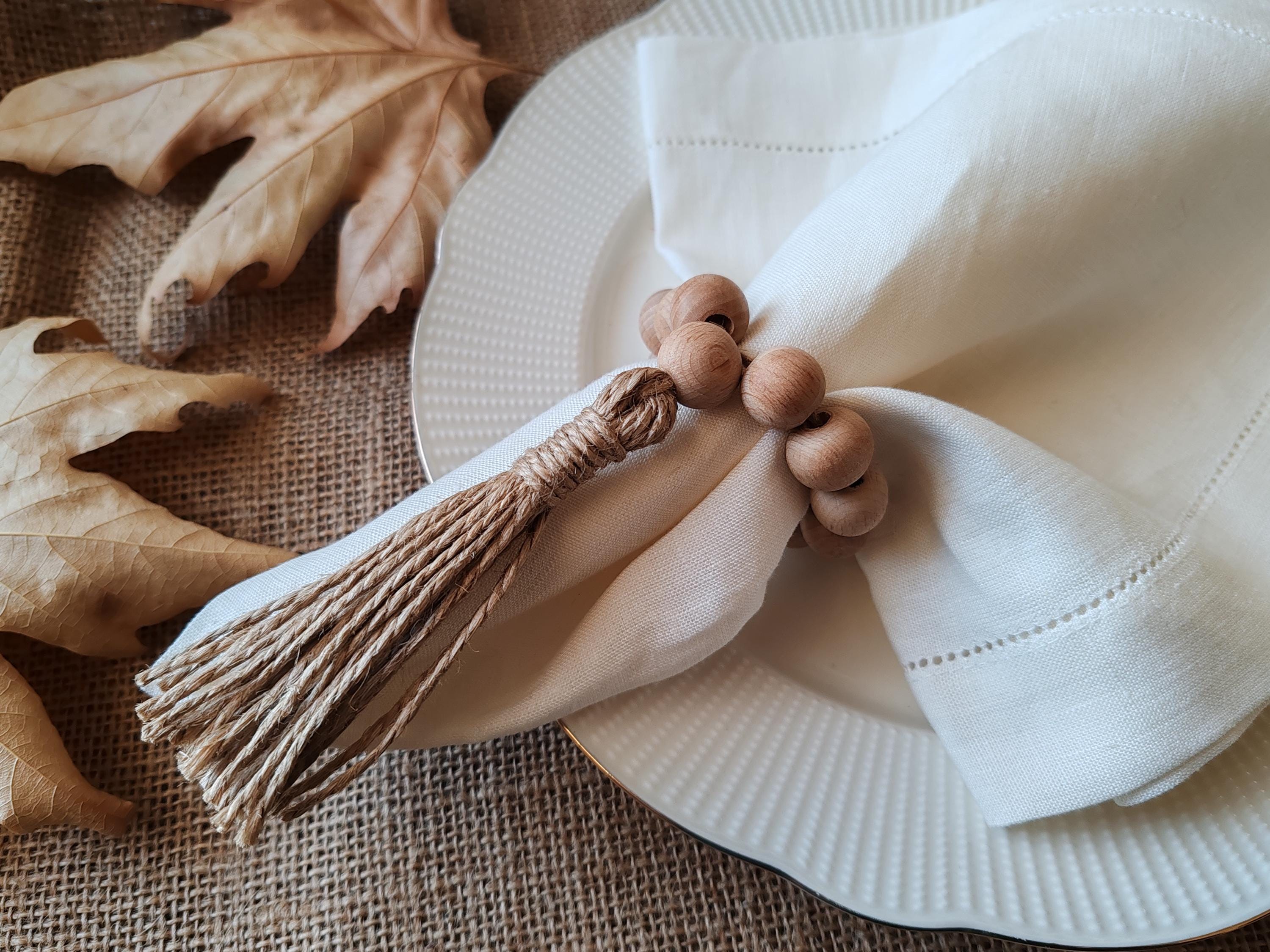 60 Portatovaglioli In Legno Con Perline E Nappa – Fatti A Mano, Stile Boho Rustico, Per Matrimoni, Feste E Decorazione Tavola (Legno Naturale) - 3