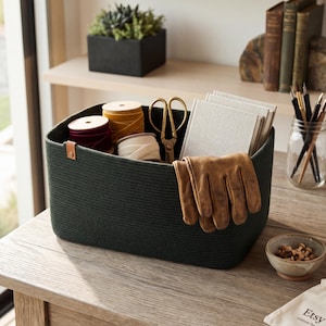 May include: A rectangular dark green woven rope storage basket featuring a small tan leather accent tab on the side. The basket contains several spools of ribbon, a pair of gold-toned scissors, a stack of light-colored notebooks, and tan leather gloves.