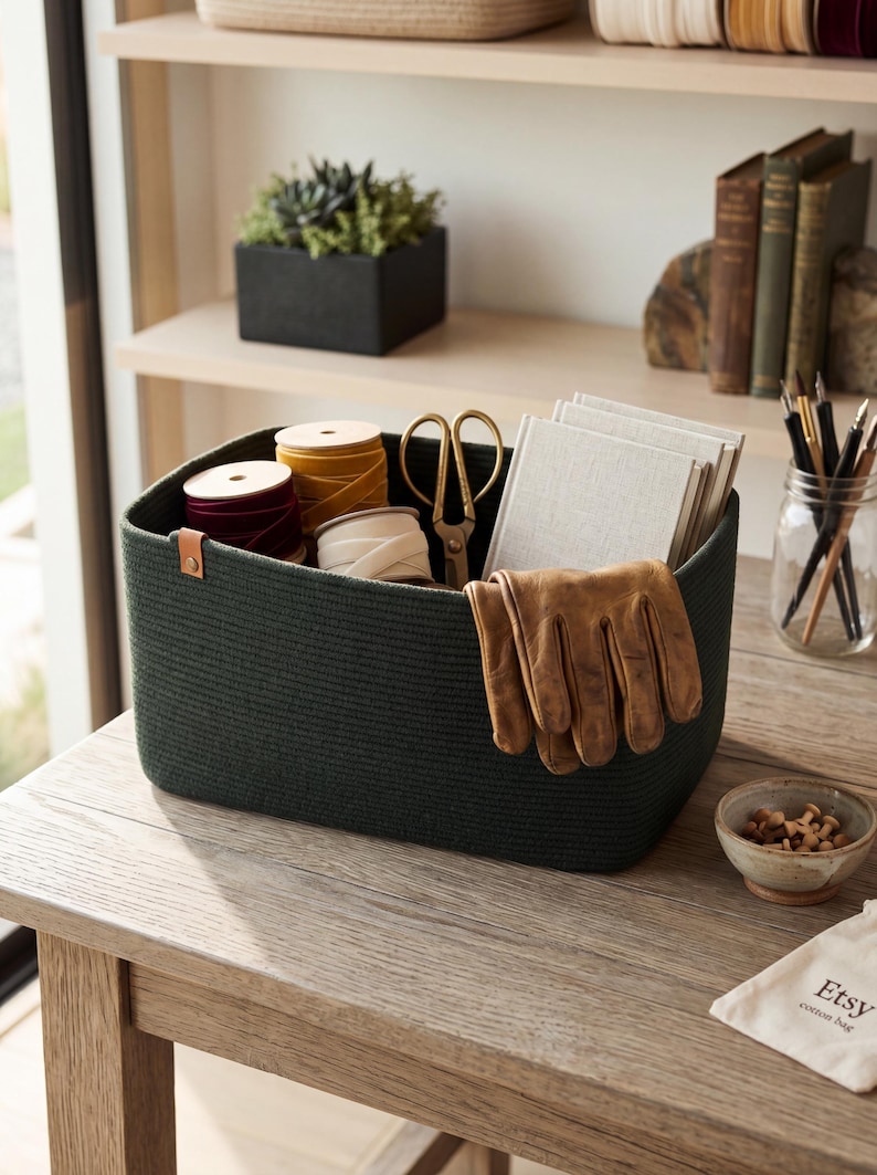 May include: A rectangular dark green woven rope storage basket featuring a small tan leather accent tab on the side. The basket contains several spools of ribbon, a pair of gold-toned scissors, a stack of light-colored notebooks, and tan leather gloves.