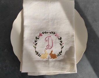 Easter Personalized Monogrammed Linen Napkins, Easter Bunny Embroidered Monogrammed Linen Napkins, Easter Rabbit Custom Napkins