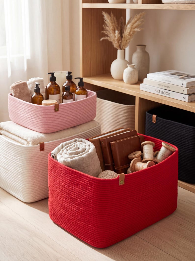 May include: A rectangular red woven rope storage basket with a small brown leather-like tab, containing a folded light-colored textile, two brown leather-bound notebooks, and several wooden spools with thread, sitting on a light wood surface.