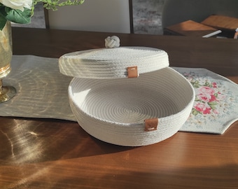 Cotton Rope Storage Basket with Lid, Handmade Round Container