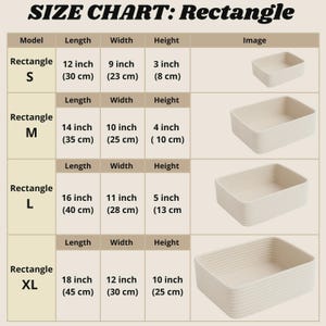 May include: A size chart for rectangular baskets labeled SIZE CHART: Rectangle. The table lists four models: S, M, L, and XL with dimensions in inches and centimeters. S is 12x9x3 inches, M is 14x10x4 inches, L is 16x11x5 inches, and XL is 18x12x10 inches.
