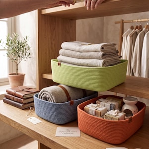 May include: Three rectangular storage baskets made of woven rope in lime green, light blue, and orange. The green basket holds folded beige linens, the blue basket contains a rolled gray blanket with brown leather straps, and the orange basket holds wrapped soap bars.