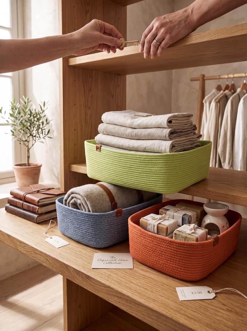 May include: Three rectangular storage baskets made of woven rope in lime green, light blue, and orange. The green basket holds folded beige linens, the blue basket contains a rolled gray blanket with brown leather straps, and the orange basket holds wrapped soap bars.