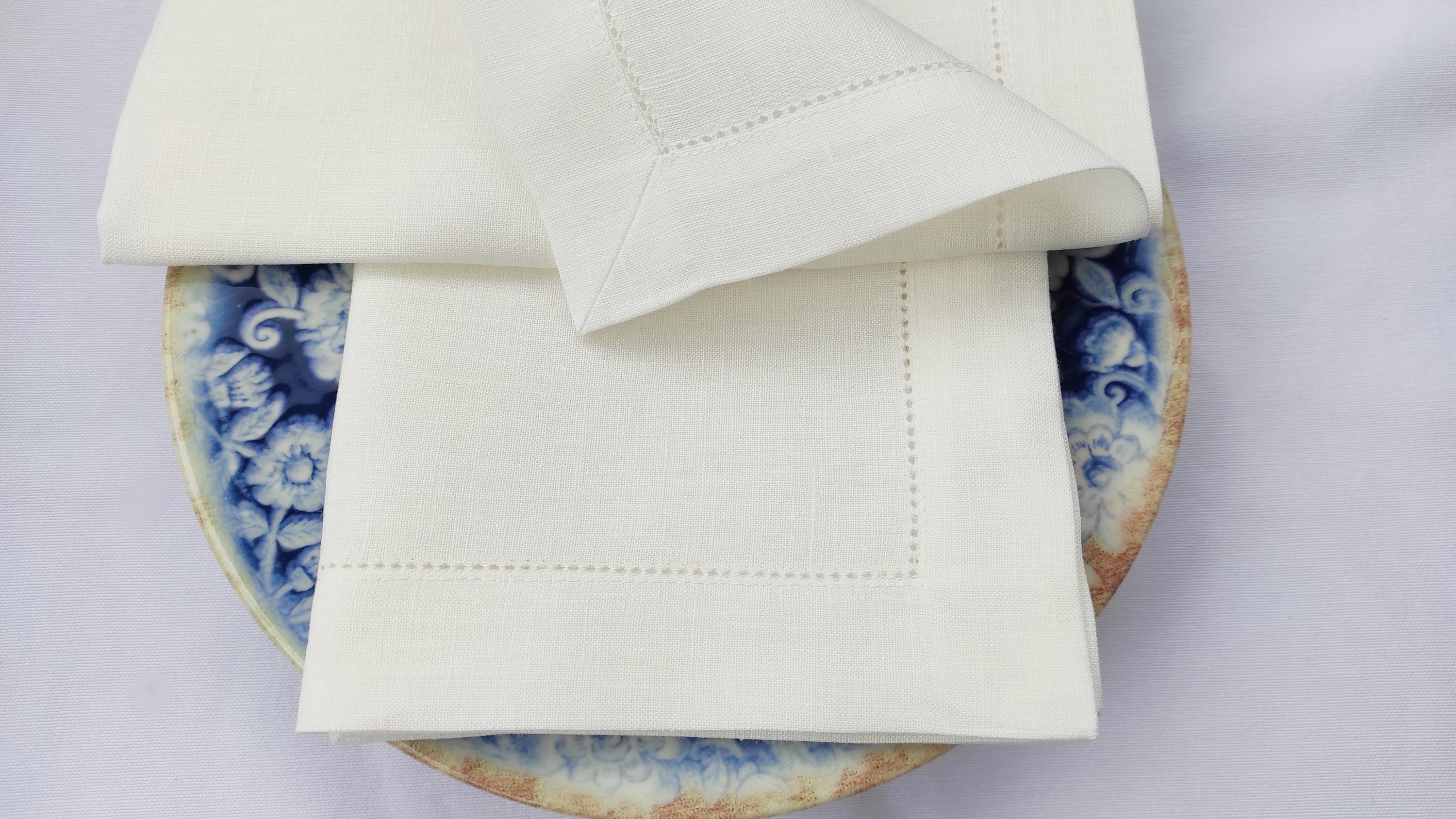 White Linen Hem Stitch Dinner Napkins - Set of 12 20x20-Ladder Hem Stitch  100% Linen Cloth Napkins-Super Value Bulk 12 Pack