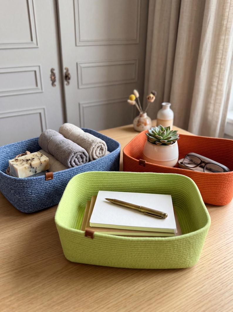 May include: Three rectangular storage baskets made of woven rope, featuring a blue basket containing rolled towels and soap, an orange basket holding a potted succulent and glasses, and a lime green basket containing a notebook and a metal pen.