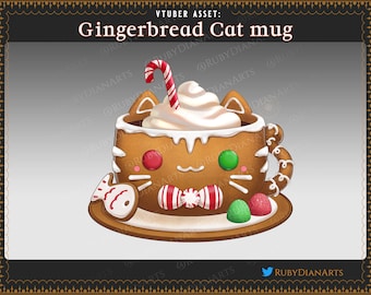 Gingerbread Cat Mug | stream vtuber assets | cozy hot chocolate holiday or Christmas asset for Twitch