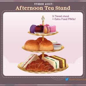 May include: A three-tiered tea stand with a variety of pastries and sandwiches. The stand is decorated with a gold trim and a small diamond-shaped topper. The text "VTUBER ASSET: Afternoon Tea Stand" and "3-Tiered stand + Extra Food PNGs!" is visible in the image.