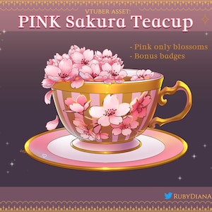 Pink Sakura Teacup / Vtuber Asset / fiori di ciliegio e graziose decorazioni a ruscello / include distintivi ed emote di twitch bonus
