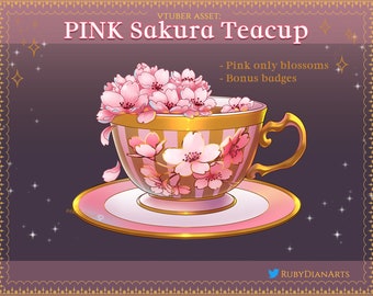 Pink Sakura Teacup | Vtuber Asset | cherry blossoms and cute stream decorations | includes bonus twitch badges and emotes