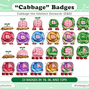 May include: A set of 23 digital badges featuring a cartoon cabbage character in various poses and colors. The badges are available in three sizes: 18, 36, and 72 pixels. The text "Cabbage" Badges" and "Cabbage the Intellect Devourer (D&D)" is included in the image.