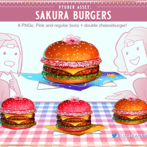 May include: Four cartoon-style burgers with pink and regular buns, topped with cherry blossoms and a patty. The burgers are on a checkered tablecloth. The text "VTUBER ASSET: SAKURA BURGERS 4 PNGs. Pink and regular buns + double cheeseburger!" is at the top of the image. The text "RUBYDIANARTS" is at the bottom of the image.