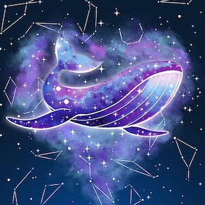May include: A watercolor illustration of a whale swimming through a galaxy of stars. The whale is outlined in white and filled with shades of purple, blue, and pink. The background is a dark blue with white stars.