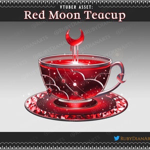 May include: A red teacup with a crescent moon dripping red liquid into it. The teacup is decorated with a starry sky pattern and sits on a red saucer with a diamond pattern.