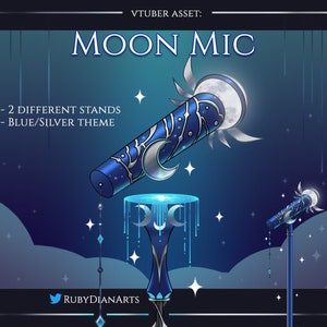 Moon Mic | Vtuber Celestial Assets + bonus crescent moons for your stream | silver and blue | digital decoration download