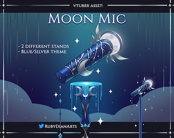 Moon Mic | Vtuber Celestial Assets + bonus crescent moons for your stream | silver and blue | digital decoration download