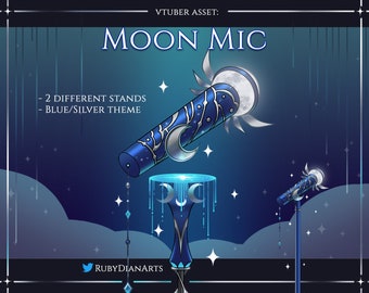 May include: A blue and silver microphone with a moon and stars design. The microphone has two different stands, one with a blue base and one with a silver base. The microphone is a VTUBER asset.