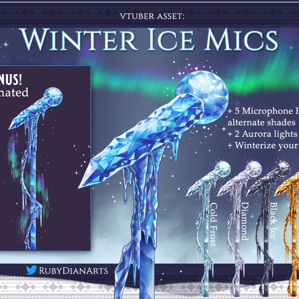 Winter Ice Microphone | Vtuber Assets + BONUS Animated stream mic with falling snow and Aurora Borealis | digital decoration download