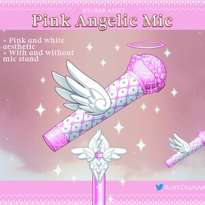 May include: Pink and white microphone with angel wings, with and without a stand. The microphone has a halo above it and a pink and white checkered pattern. The background is pink with white stars.